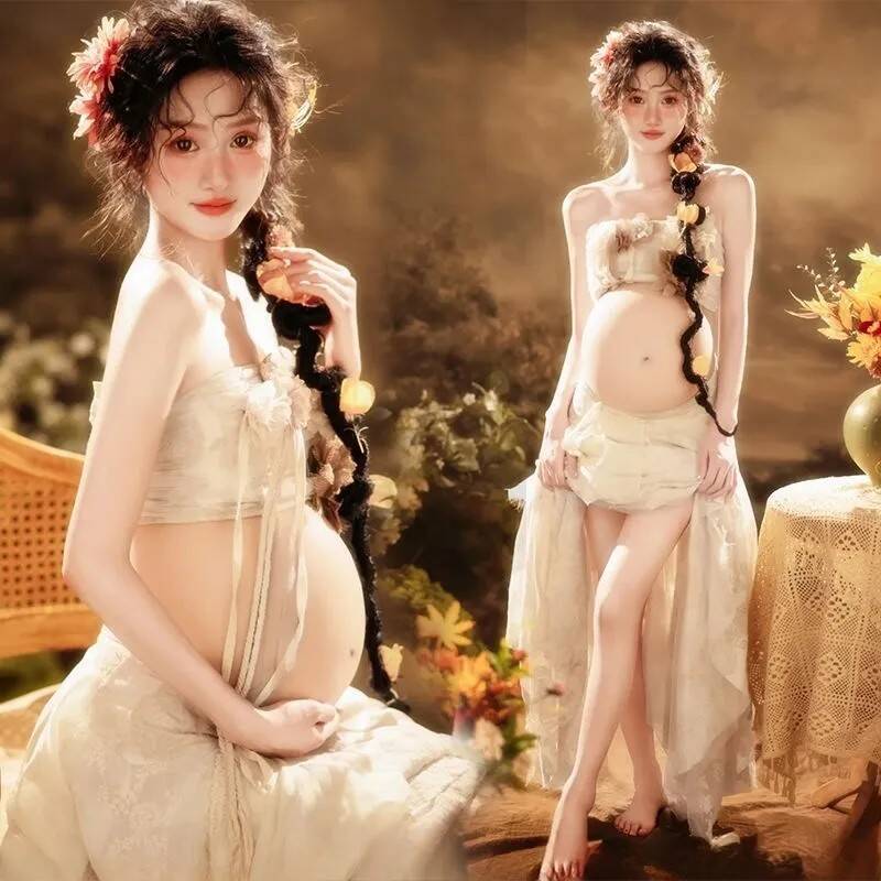 Photo Studio Pregnant Women Oil Painting Photo Outfit New Chinese Style Elegant, Gentle and Simple Pregnant Mother Art Photo Photo Photography Outfit