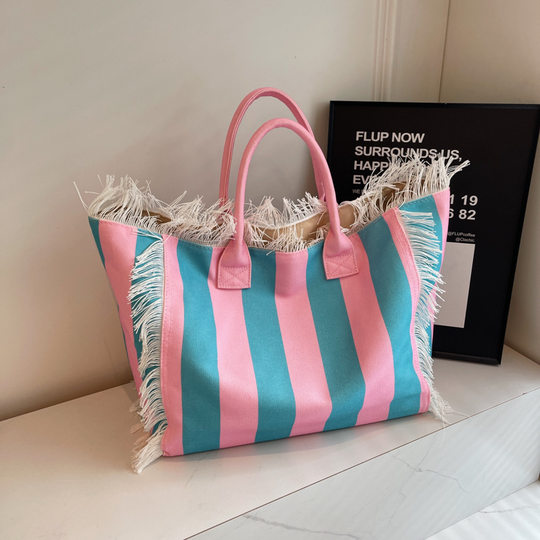 Cross-border Explosive Korean Letter Tassel Canvas Bag Large Capacity Bag Simple Commuter Student Shoulder Tote Bag