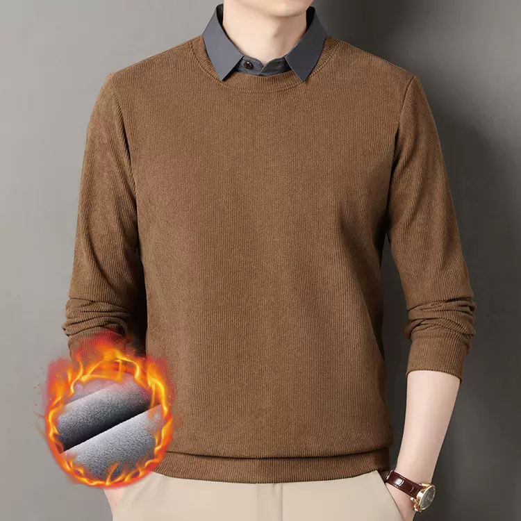 加绒衬衫领假两件毛衣男士秋冬新款男装加厚保暖体恤打底衫纯色