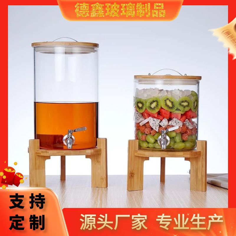 Fabricante personalizado de alta capacidad de barril de enzima de vidrio de borosilicato con botellas de vino casera cubierta de madera de bambú barril de remojo