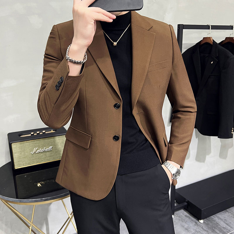 Suit Men's Autumn New Solid Color Simple Business Two Buckle Double Split Casual Suit Slim Fit Single Western Jacket Men's