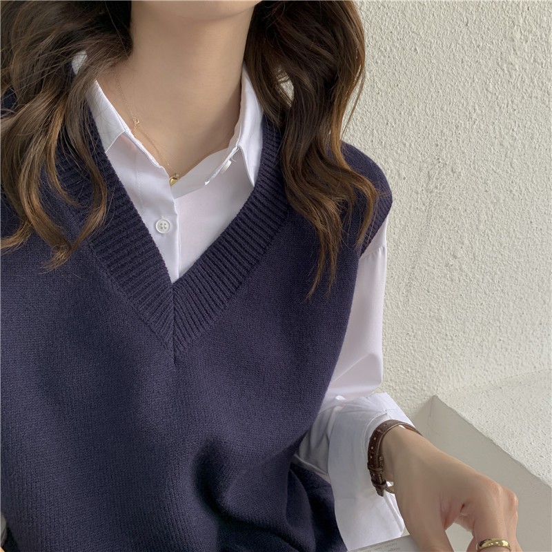 Primavera y otoño nuevo Suelta todo partido estilo perezoso suéter v-cuello chaleco sin mangas Chaleco de punto estudiante suéter para mujeres image 9