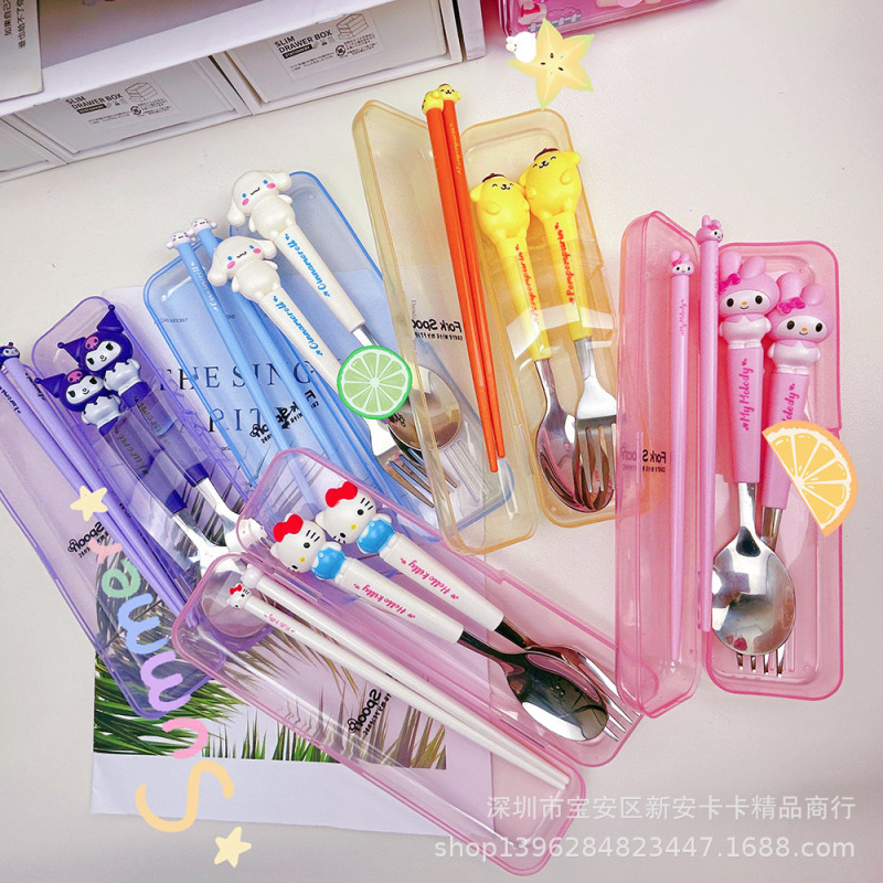 Sanrio Tableware Cute Three-Piece Set Student Fork Spoon Chopsticks Kurome Food Grade Stainless Steel Thickened