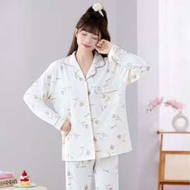 绉布厂家直销新款爆款睡衣女士春秋季开衫长袖翻领印花家居服套装