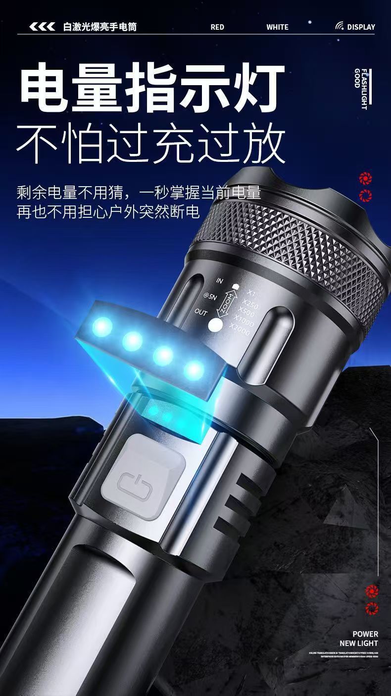 Cross-border flashlight USB white laser portable charging super bright emergency outdoor light zoom long-range spotlight