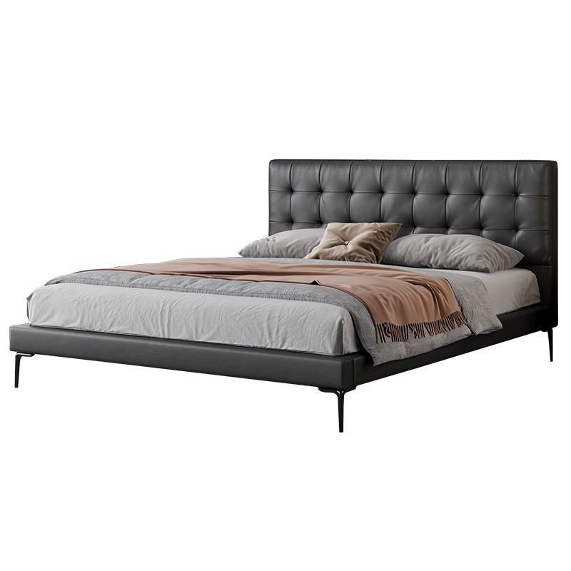 Cama de cuero de estilo medieval, cama principal moderna simple, cama doble retrógrada de 1.8m, cama individual de borde pequeño