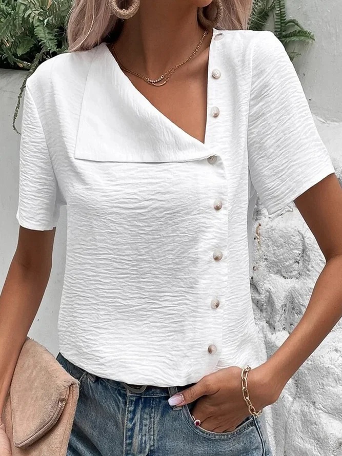 Verano europeo y americano Comercio exterior transfronterizo nueva ropa de mujer Amazon manga corta botón superior camisa de color sólido para mujeres image 1