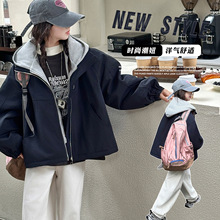 女童冬季外套2025新款韩系中学生夹棉加厚拼色连帽上衣中大童上衣