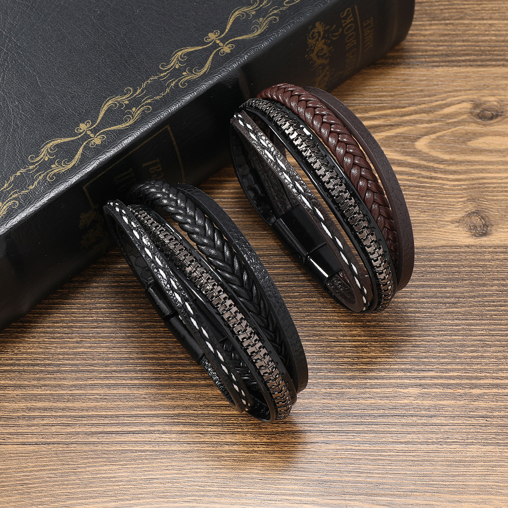 European and American punk style trendy metal chain retro multi-layer woven leather bracelet cross-border Men's bracelet New