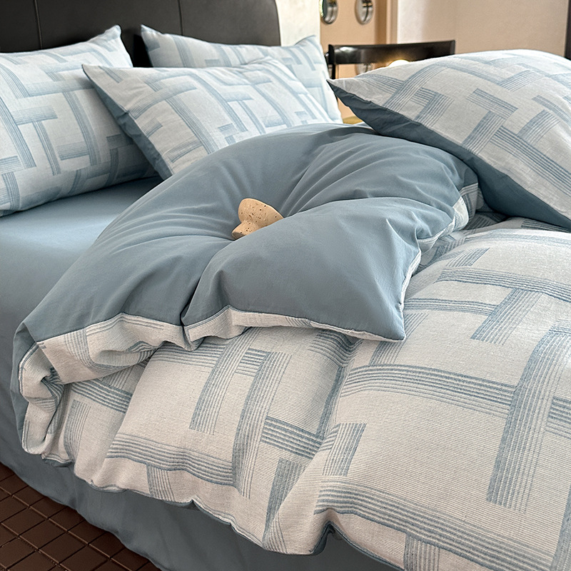 Cama de algodón de hilo de tres capas de lujo ligero de cuatro piezas de algodón puro 2024 nuevo hilo de doble capa simple funda de edredón de sábana