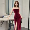 Sexy Strap Velvet Evening Dress Split Long Dress