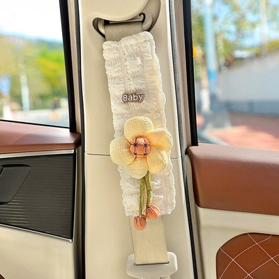 Cartoon Cute, High-End Car Interior – Seat belt shoulder pad - light-yellow-sunflower-beige-puff-shoulder-pads-24cm-single