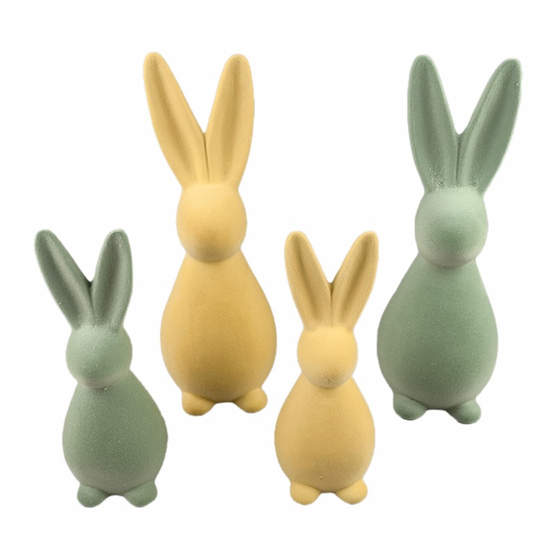 Pascua simulación cerámica terciopelo verde adorno de conejo cerámica flocado adorno de conejo decoración artesanal del hogar