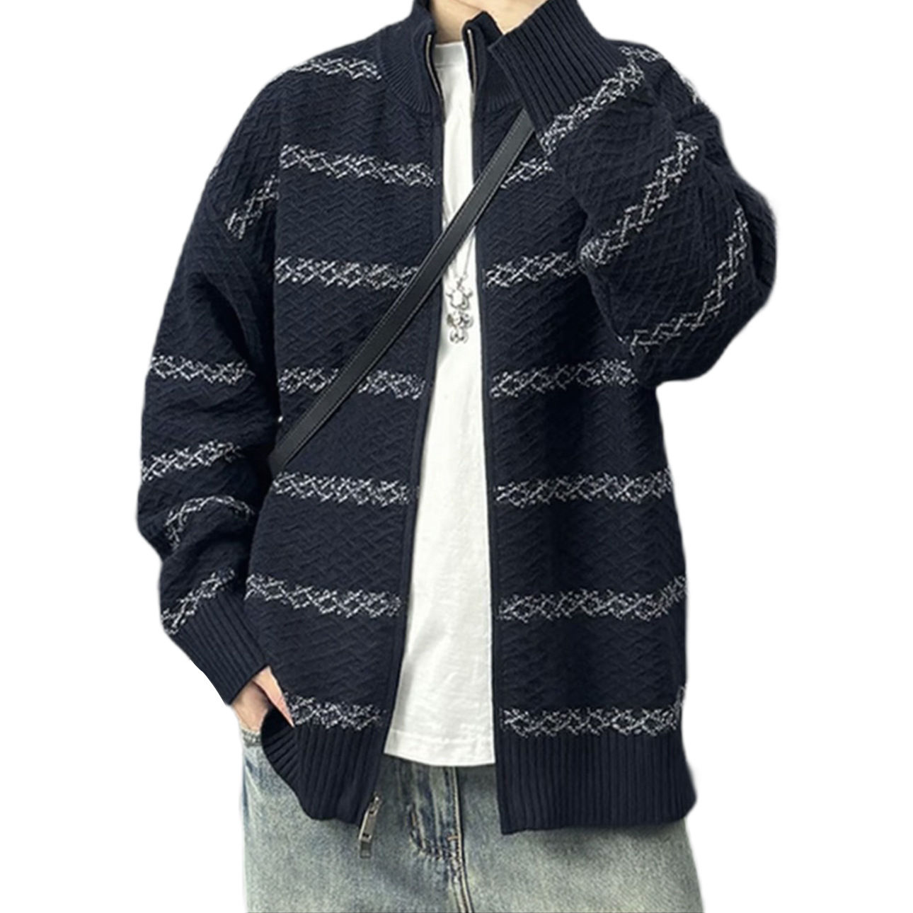 Explosiones transfronterizas de tamaño europeo de tamaño grande contraste a rayas cardigan jersey suéter texturas de mujer abrigo de cuello al por mayor fábrica