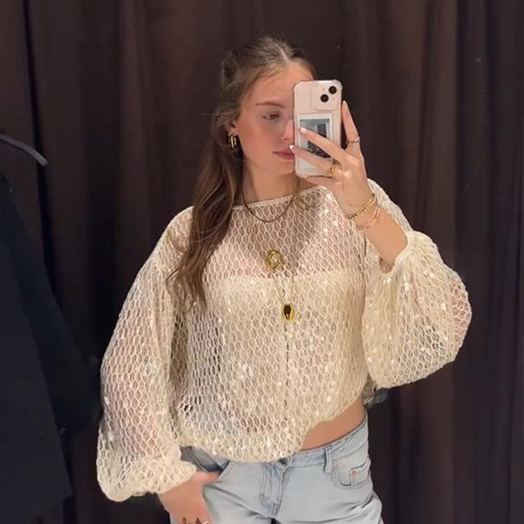 European and American Cross-Border Sexy Cut Out Sequin Mesh Long-Sleeved Tops 2025 Spring and Summer New Pure Lust Loose Bottoming Shirt for Women