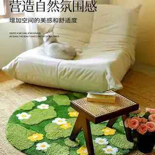 绿色苔藓圆形植绒簇绒客厅地毯田园风卧室床边毯沙发茶几书房地垫