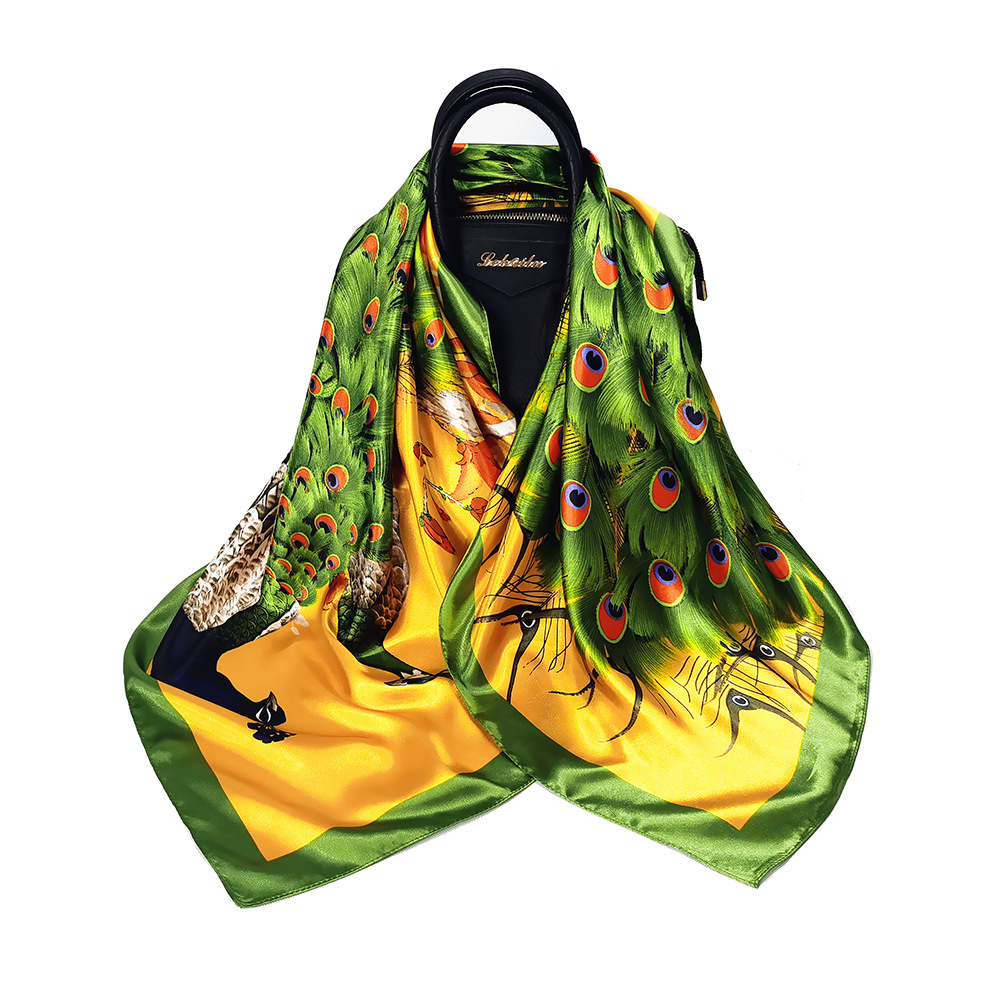 90cm Spring New Simulation Silk Square Scarf Peacock Ladies Leisure Travel Silk Scarf Shawl Headscarf display picture 4