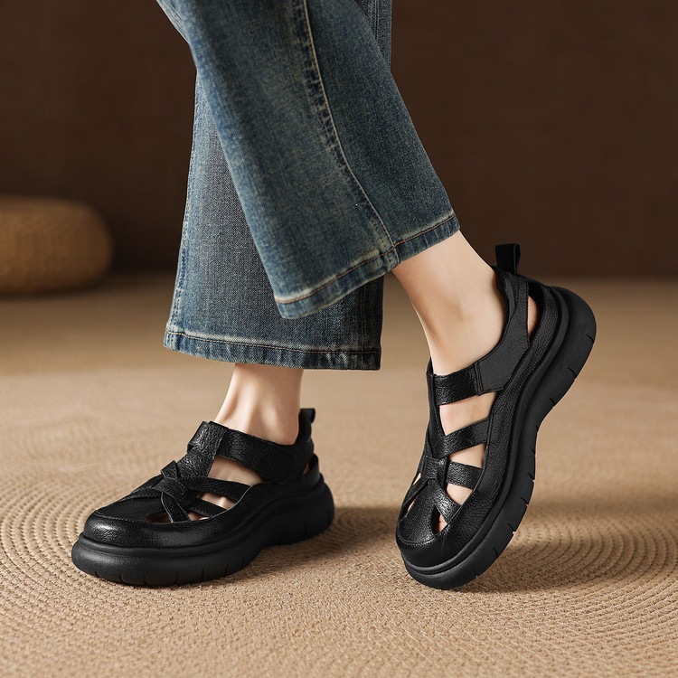 Sandal nữ đế dày da cừu phối quai ngang phong cách học đường — màu đen, màu trắng ngà chi tiết 36