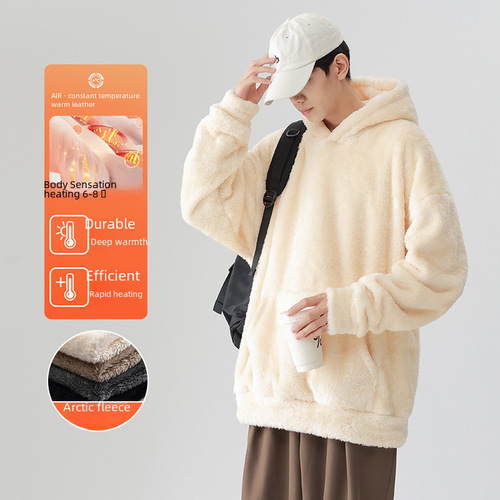 Cross-border exclusive solid Arctic wool hooded jacket for men, winter retro lazy loose couple style casual sweatshirt