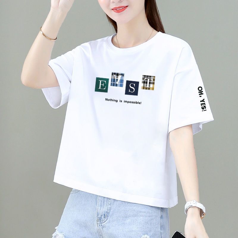 100 Cotton Short-sleeved T-shirt Top Women's 2024 Loose Thin All-match Korean Style Elegant Slimming Short T-shirt for Women