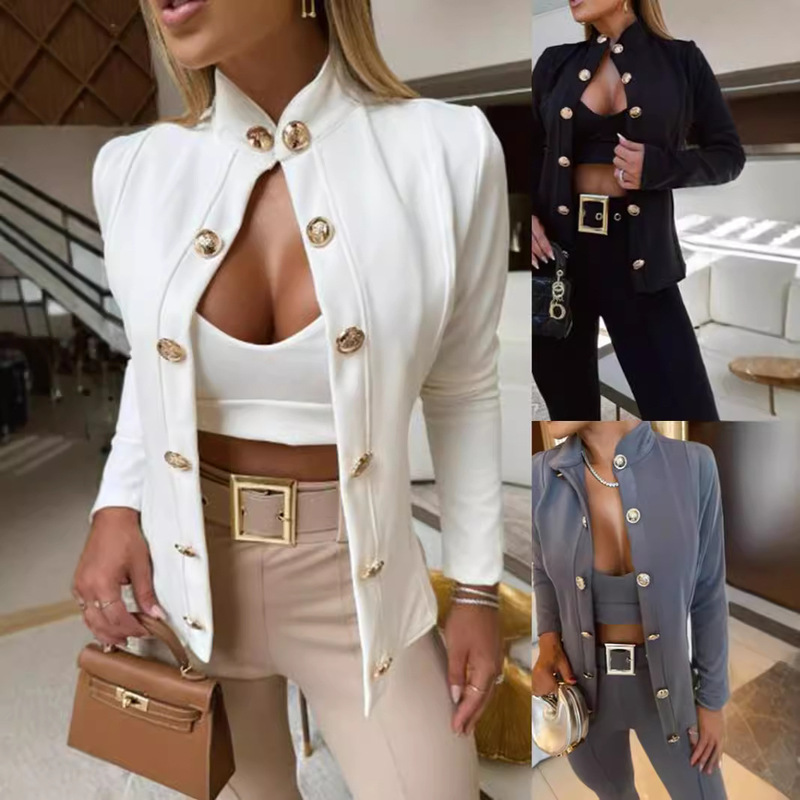 Independent Station Amazon Cross-border European and American Women's New Stand Collar Slim Long-sleeved Double-breasted Suit Jacket