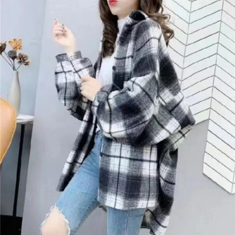 샌딩 두꺼운 중간 길이의 격자 무늬 셔츠 여성용 모직 긴 소매 봄 및 가을 패션 루즈 레트로 홍콩 스타일 탑 재킷
