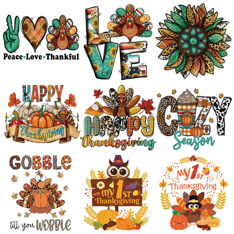亚马逊货源感恩节火鸡烫画 衣服logo装饰热转印贴纸 胶印烫印贴画