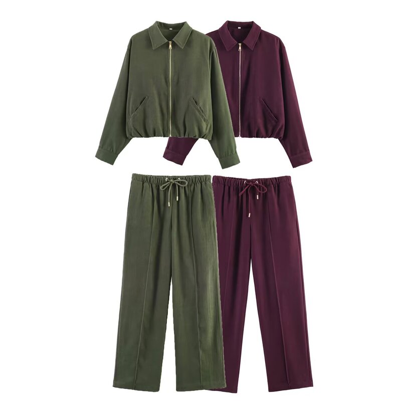 Cross-Border Aliexpress American-Style Casual Lapel Puffy Bomber Jacket + High-Waisted Elastic Slim-Fit Wide-Leg Pants
