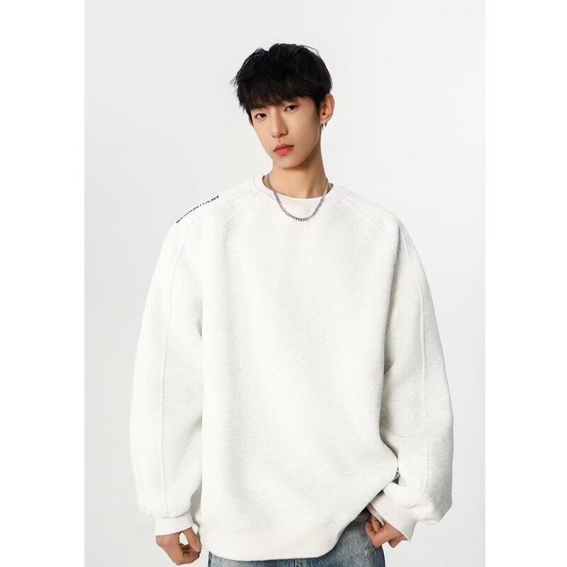 Bodydrem New Heavyweight Round Neck Sweatshirt Men's Pure Color Splicing Long-Sleeved Top Loose Casual Off-Shoulder Pullover