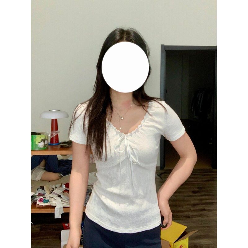 Amazon Short-Sleeved T-Shirt for Women 2026 New Summer Half-Sleeved Short Slim Fit Lace Splicing Beautiful V-Neck Top Amazon Short-Sleeved T-Shirt for Women 2026 New Summer Half-Sleeved Short Slim Fit Lace Splicing Beautiful V-Neck Top