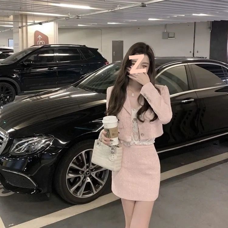 名媛小香风套装女韩版粗花呢短款粉色西装外套女高腰修身半身裙潮|undefined