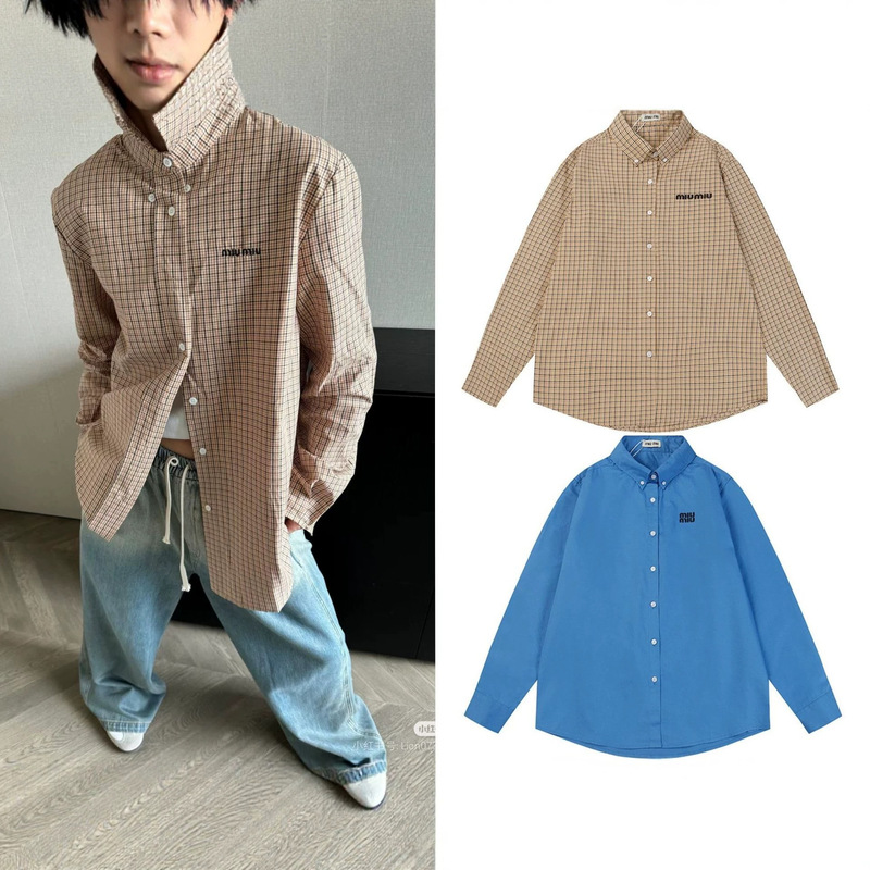 26 Cross-Border Miu Retro Loose-Fit Embroidered Cut-Out Contrast Plaid Shirt Unisex