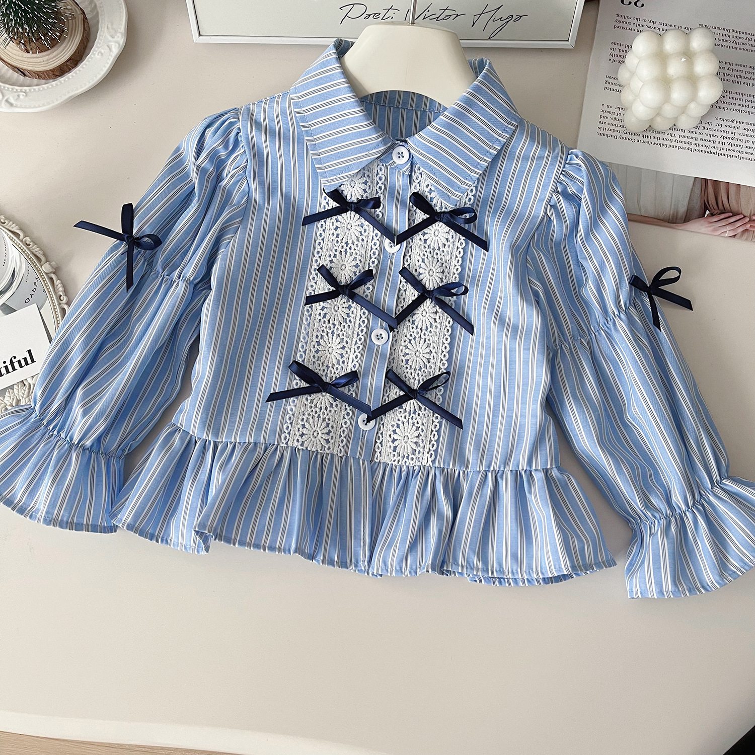 2024 autumn new Korean version girls' striped small bow shirt, women's treasure pleated short skirt two-piece set 67591_voghion.com