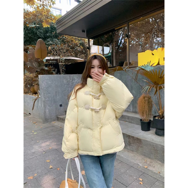 Cross-Border 2025 Winter Korean Style Short Horn Button Cotton Coat, Cream Yellow Stand Collar Thickened Cotton Jacket, Puffer Jacket Top