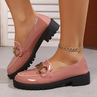 2025 Spring and Autumn New Foreign Trade Large Size Slip-On Loafers Women's Shoes British Style Thick Heel Round Toe Low Heel Small Leather Shoes for Women