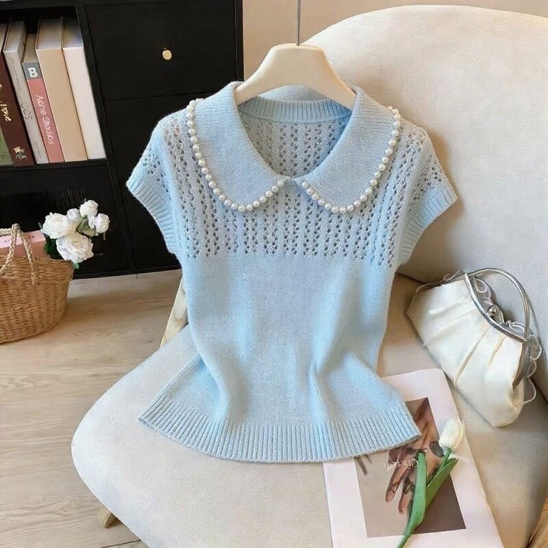 Foreign Trade Gentle Style Pearl Doll Collar Knitted Short-Sleeve Women's Summer Top with Hollow-Out Design, Unique and Slimming, Elegant Blouse Foreign Trade Gentle Style Pearl Doll Collar Knitted Short-Sleeve Women's Summer Top with Hollow-Out Design, Unique and Slimming, Elegant Blouse