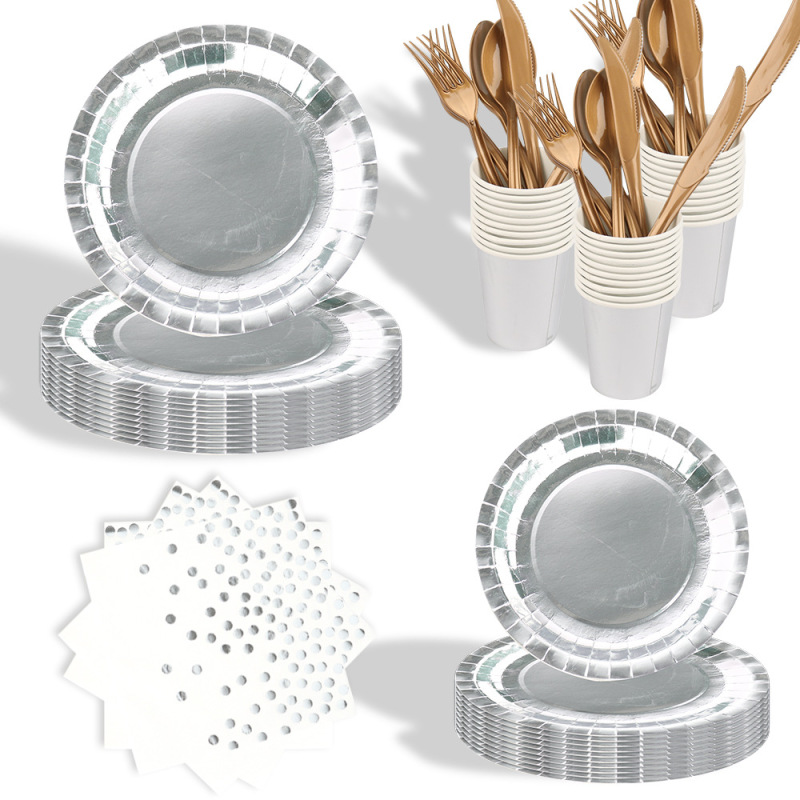 Manufacturer Hot Stamping Party Tableware Supplies Birthday Holiday Party Party Hot Stamping Silver Paper Plate Paper Cup Holiday Decoration Silver