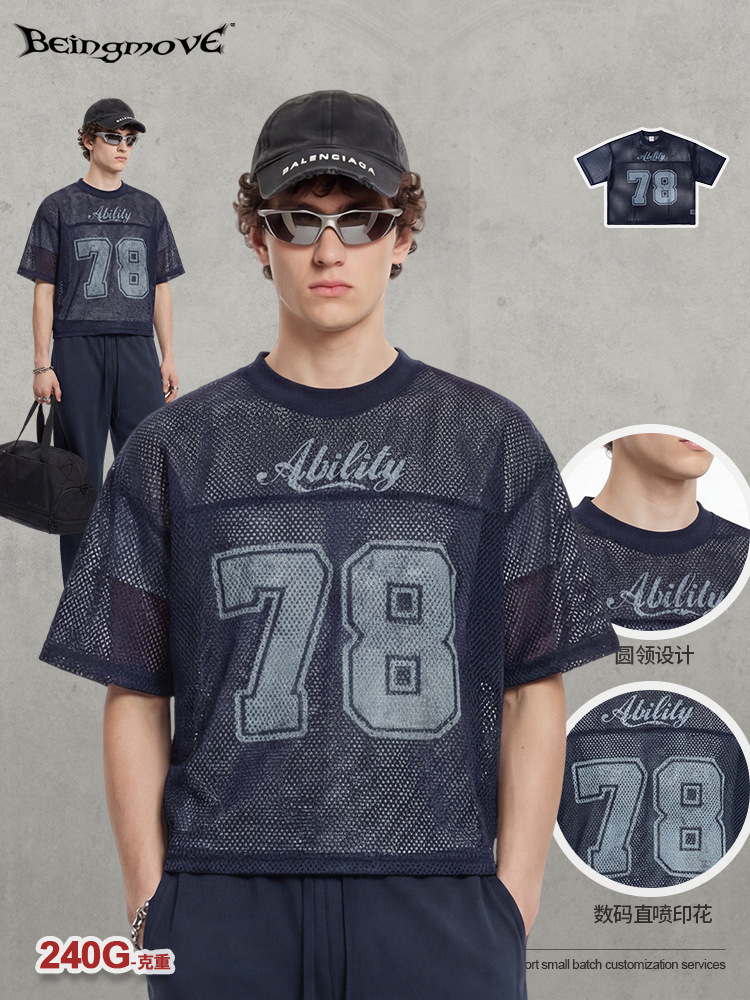 Calle secada| Verano americano marca de moda hombre Boxyfit malla plegable vestido de manga corta T-letter impresión camiseta de moda hombre