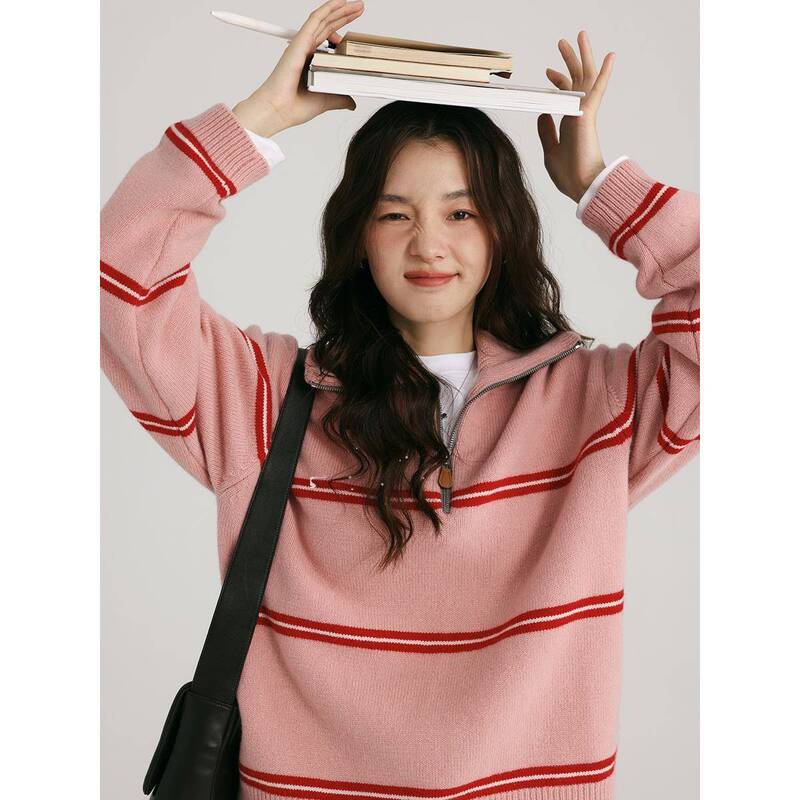 Xu Oldtimes Korean Retro Contrasting Color Versatile Stripesd Zipper Pink Sweater for Women 2025 Autumn and Winter New Style