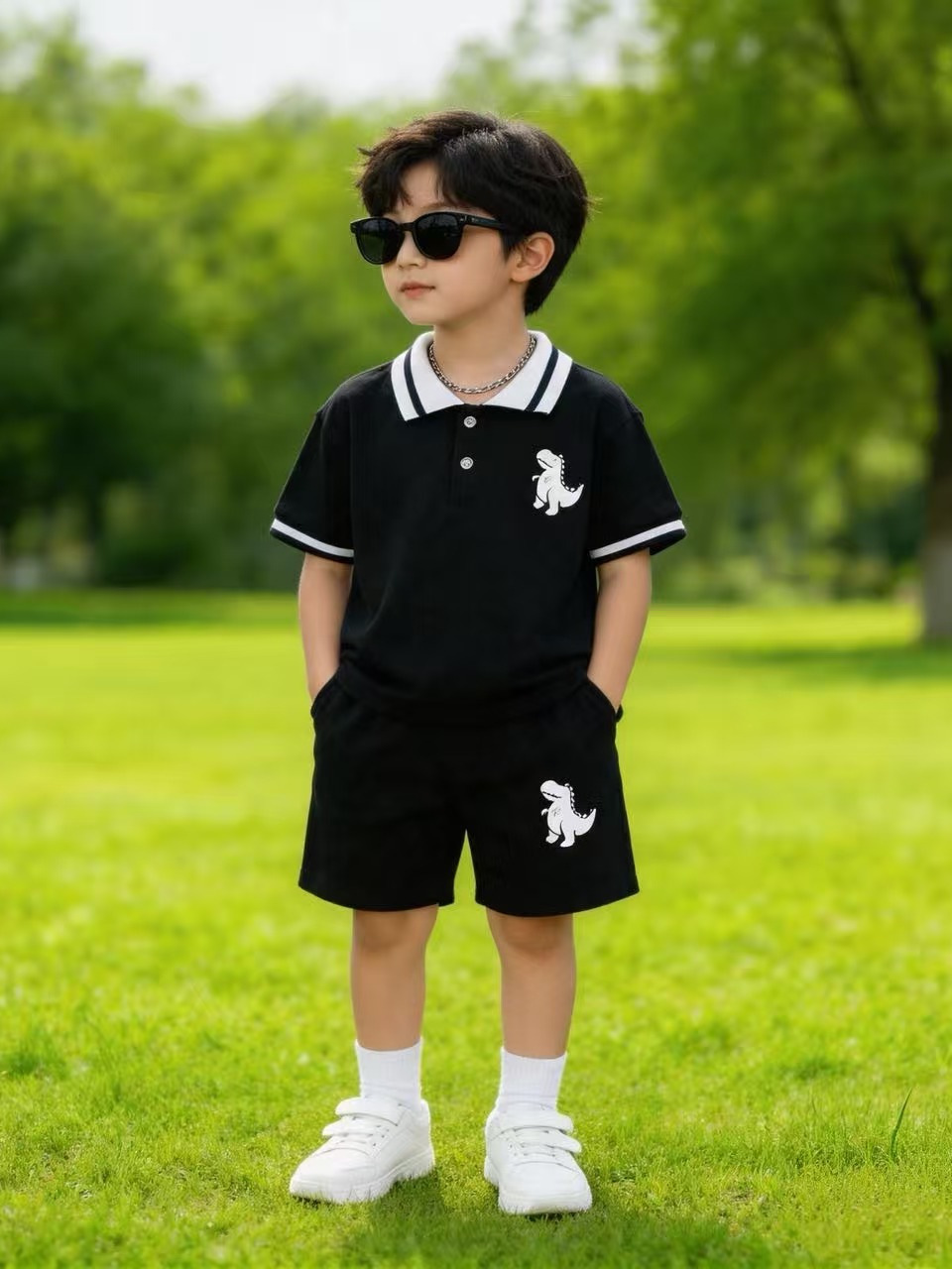 Ropa infantil transfronteriza para niños de verano casual moda dinosaurio bordado polo camisa + pantalones cortos dos piezas set al por mayor