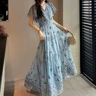 现货【花汀舟】立体定位绣花炒色文艺复古连衣裙女夏季v领裙