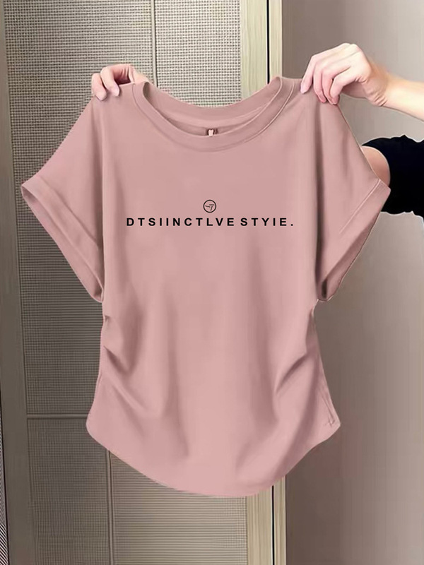 デザインされた小さなフライングスリーブ右肩ピュアコットン半袖Tシャツ女性用2025夏の新しい不規則なプリーツウエストトップ|undefined