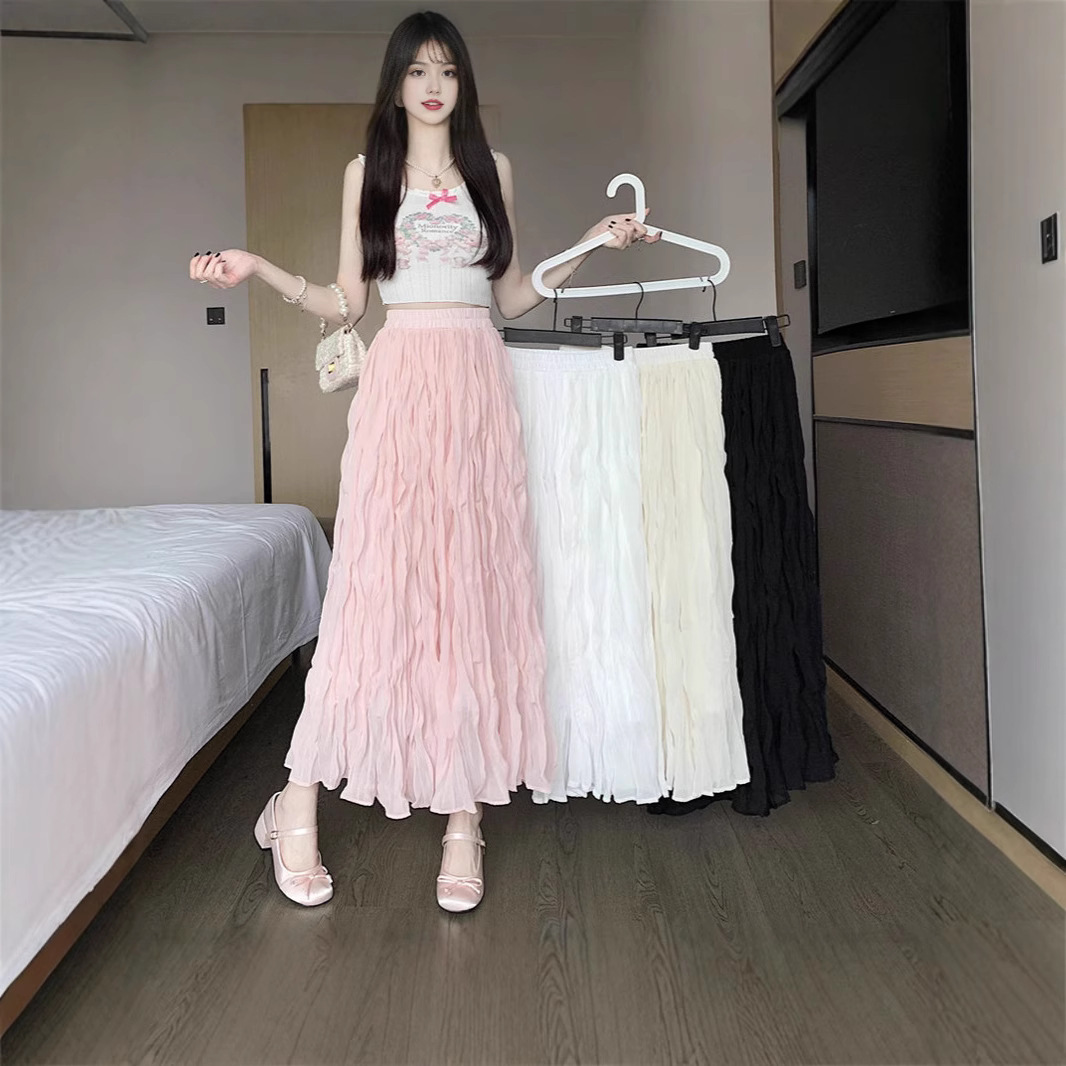 Cross-Border White Elastic Waist A-Line Skirt for Women, Summer 2026 New High-Waisted Casual Elegant Long Skirt Trendy