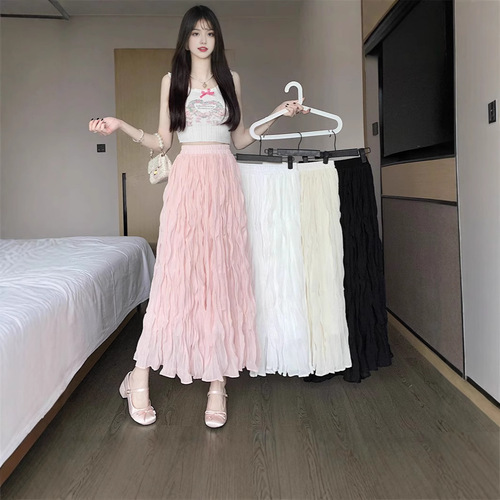 Cross-border white elastic waist A-line women's summer 2025 new high-waist casual temperament long dress trendy