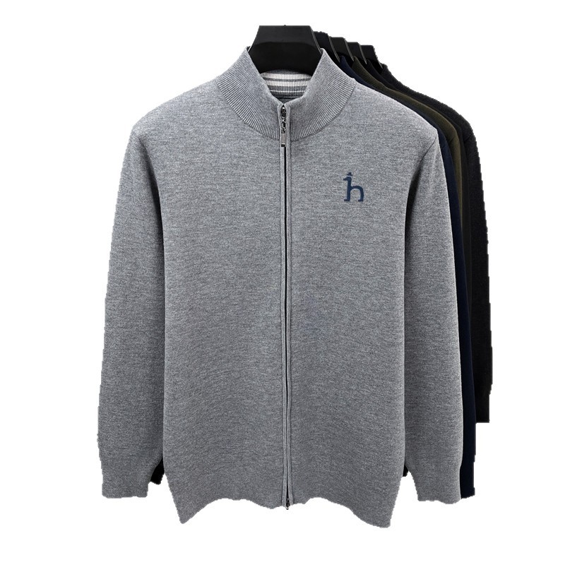Áo len cardigan nam Haggis 100% len dày dặn có khóa kéo dệt kim cổ đứng — màu đen
