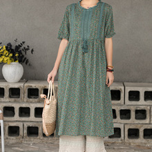 森女系宽松大码日系女装复古文艺收腰碎花连衣裙田园风中长款裙子
