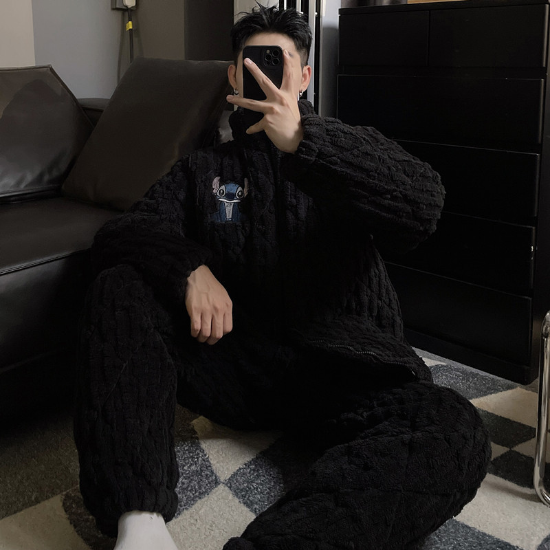 2024 otoño y invierno pijama de hombre coral de lana más lana gruesa chaqueta de algodón de transmisión en vivo manga larga conjunto de tres capas de algodón intercalado de calor