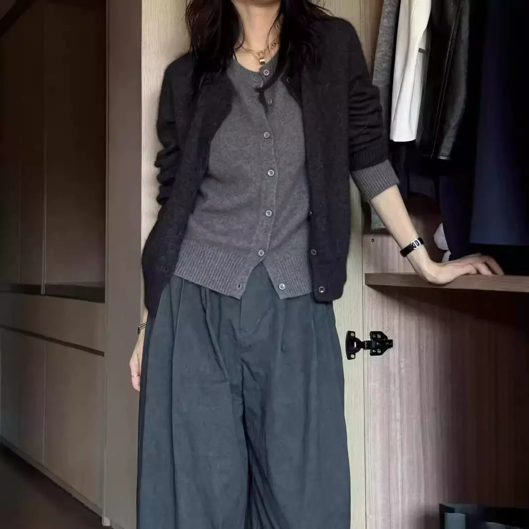 韩版慵懒风羊毛衫灰色假两件针织开衫女羊绒秋毛衣外套设计感上衣
