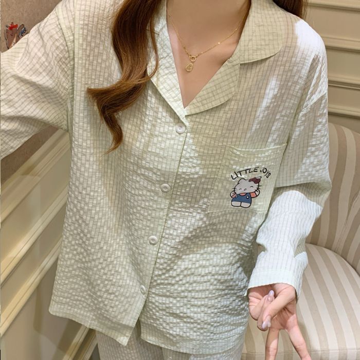 Transmisión en vivo transfronteriza primavera y otoño de manga larga tejida de algodón jacquard pijama de mujer KT gatos bonitos cardigans set