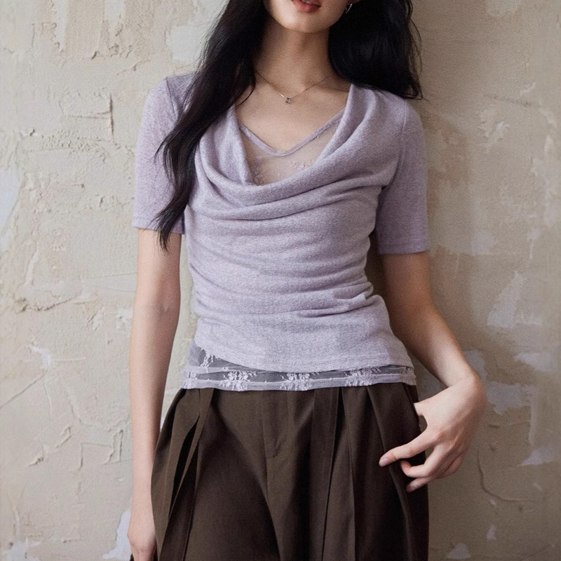Two Sheep [Ting Lan] Fake Two-piece Swing Collar Lace Knitted Short-sleeved Top Women's Purple Elegant Tight Waist T-shirt